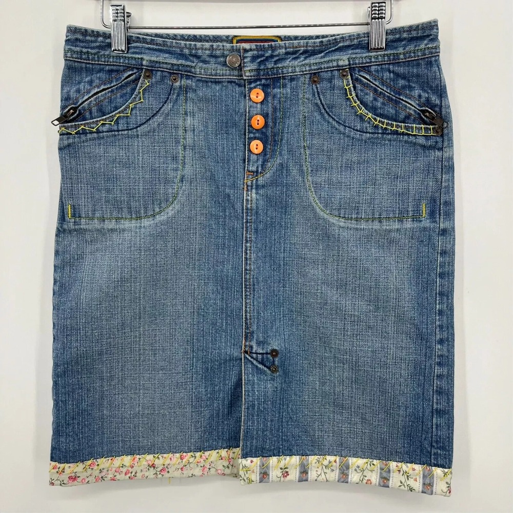 Blue Asphalt Vintage Y2K Denim Skirt Medium Wash Floral Trim Size 5